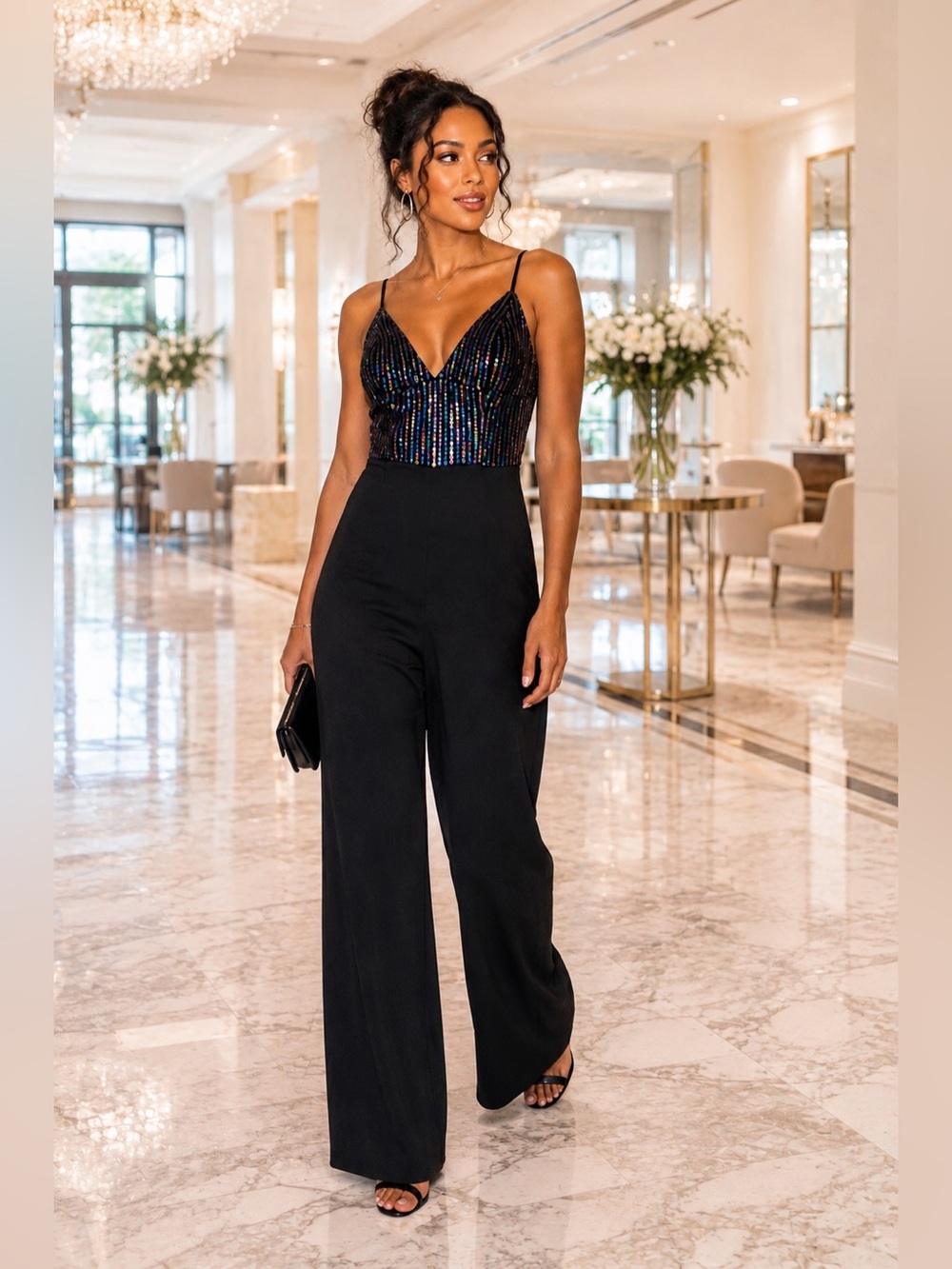 G by Guess Black Wide-Leg Jumpsuit with Iridescent Sequin Bodice Size M